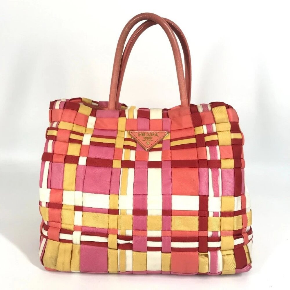 PRADA Braided Logo triangle logo plate Bag Tote Bag Hand Bag Nylon pink/White